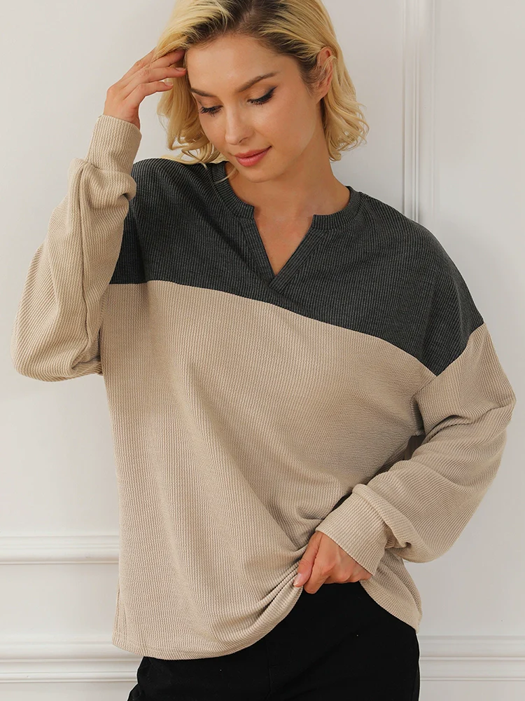 Fashion Contrast Color V-neck Long Sleeve Pullover Hoodie Women 2024 Fall and Winter New Arrival Warm All-Matching Fashion Knit Top Women - Image 4