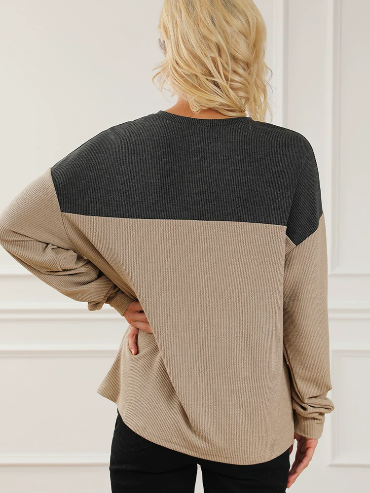 Fashion Contrast Color V-neck Long Sleeve Pullover Hoodie Women 2024 Fall and Winter New Arrival Warm All-Matching Fashion Knit Top Women - Image 5