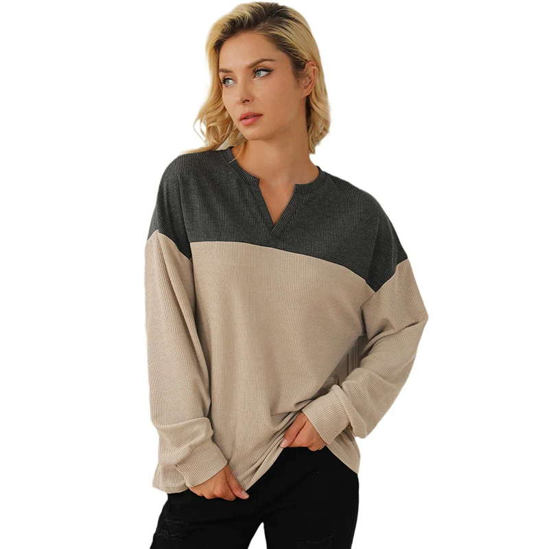 Fashion Contrast Color V-neck Long Sleeve Pullover Hoodie Women 2024 Fall and Winter New Arrival Warm All-Matching Fashion Knit Top Women - Image 6