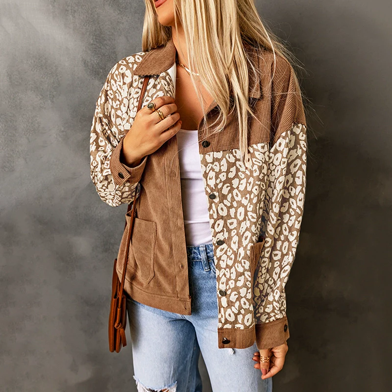 Fashion Corduroy Stylish Leopard Splicing Short Coat - Image 2
