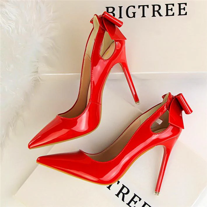 Fashion Cut-outs Bowtie Pointed Toe 10cm High Heels Solid Patent Leather Shallow Woman Party Pumps Office Ol Shoes Woman - Image 5