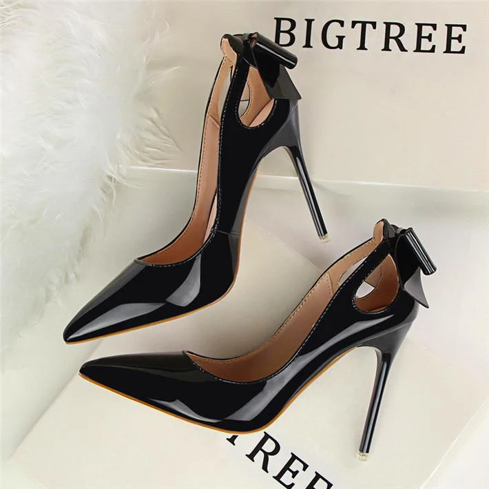 Fashion Cut-outs Bowtie Pointed Toe 10cm High Heels Solid Patent Leather Shallow Woman Party Pumps Office Ol Shoes Woman - Image 6