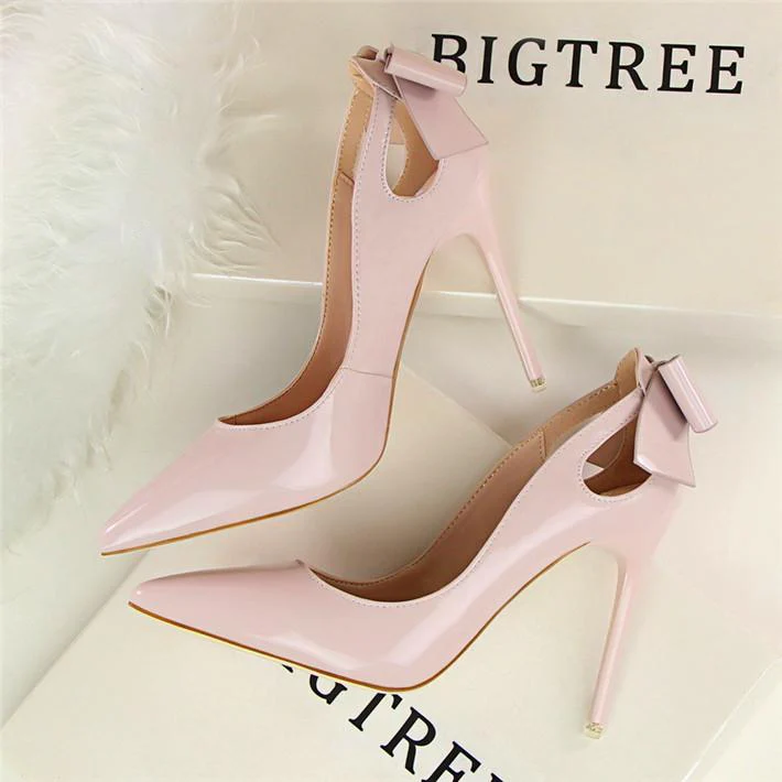 Fashion Cut-outs Bowtie Pointed Toe 10cm High Heels Solid Patent Leather Shallow Woman Party Pumps Office Ol Shoes Woman - Image 7