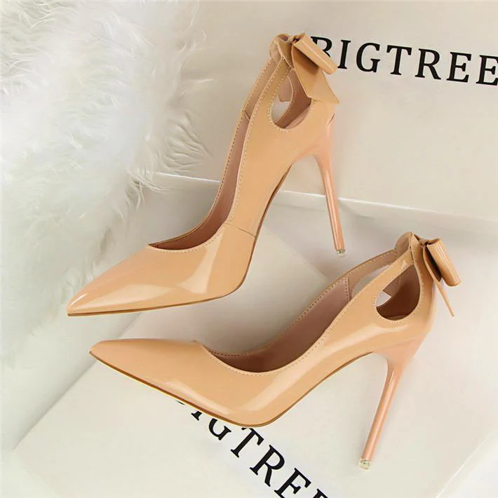 Fashion Cut-outs Bowtie Pointed Toe 10cm High Heels Solid Patent Leather Shallow Woman Party Pumps Office Ol Shoes Woman - Image 8
