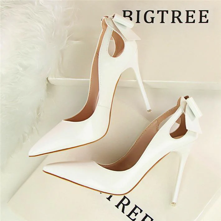 Fashion Cut-outs Bowtie Pointed Toe 10cm High Heels Solid Patent Leather Shallow Woman Party Pumps Office Ol Shoes Woman - Image 9