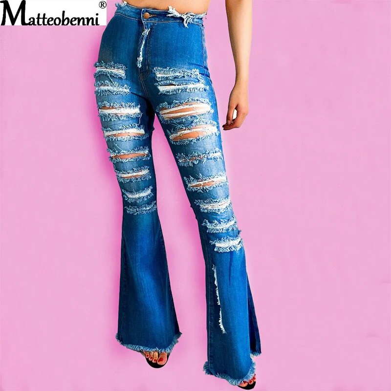 Fashion Denim Flare Pants Women High Waist Retro Ripped Jeans Wide Leg Trousers Lady Casual Bell-Bottoms Flare Pant Tassel Jeans - Image 6