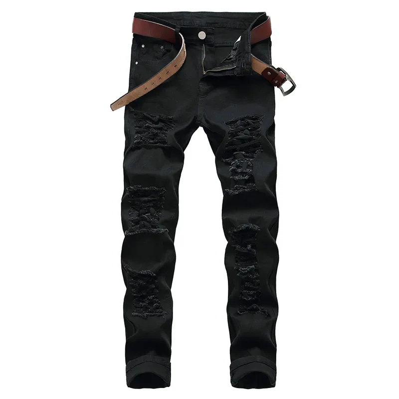Fashion Designer  Casual White Black Ripped Jeans For Men Straight Slim Fit Stretch Denim Pants Man Jogging Trousers Large Size - Image 3