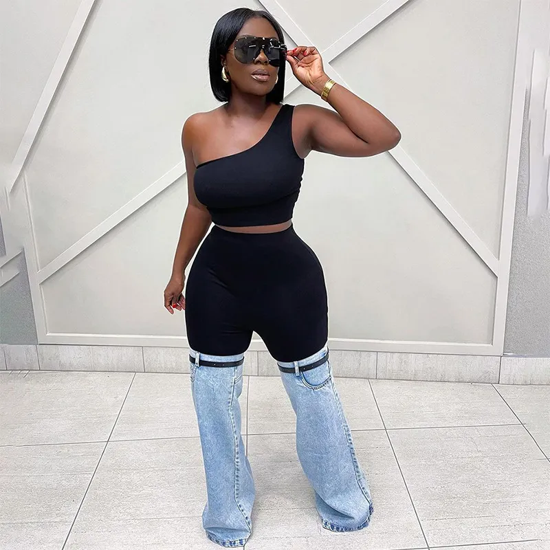 Fashion Detachable Patchwork Flare Pants Women High Waist Skinny Shorts Jeans Leg Covers with Belt Streetwear Denim Trousers - Image 2