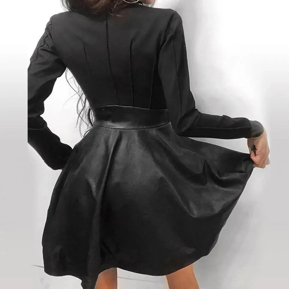 Fashion Dresses Women Lace Long Sleeve Zipper Pocket Large Hem Faux Leather Mini Dress Party elegant slim Sexy Women Dress - Image 3