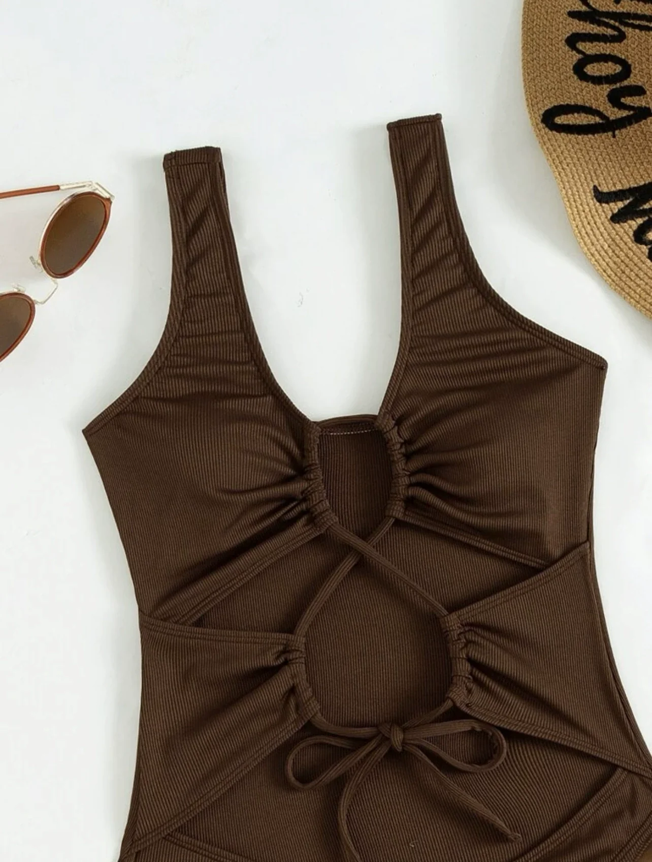 Fashion Export Cross-Border Cut Out Pure Color Ribbon Chest Pad Sleeveless Mesh Sexy One Piece Swimsuit Sexy Bikini Swimsuit - Image 5