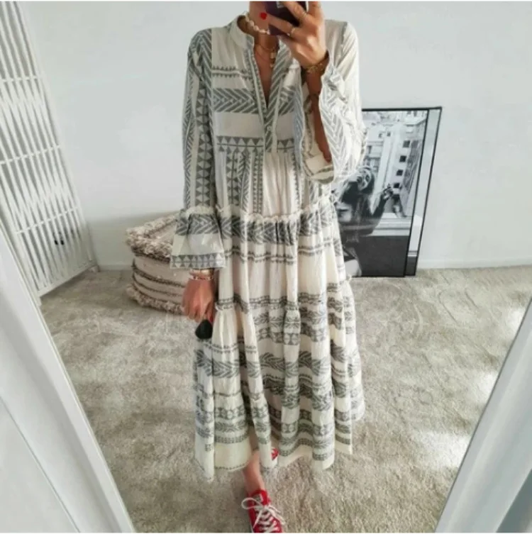 Fashion Geometric Print Dress Women Flare Sleeve V-neck Dress for Beach Vacation Casual Loose Ladies Ruffles Flared A-Line Dress - Image 2