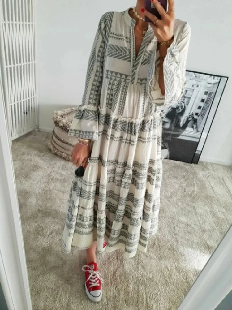 Fashion Geometric Print Dress Women Flare Sleeve V-neck Dress for Beach Vacation Casual Loose Ladies Ruffles Flared A-Line Dress - Image 4