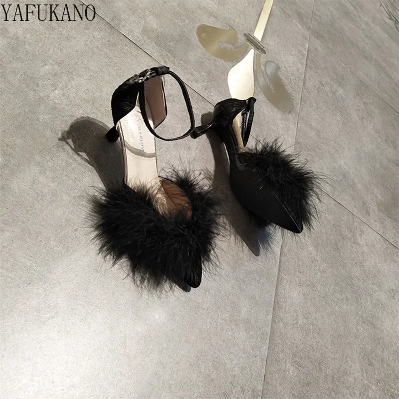 Fashion Hairy High Heels Womens Shallow Mouth Word Buckle Fairy Style Pointed Toe Stiletto Party Dress Shoes Pink Fur Pumps 6Cm - Image 3