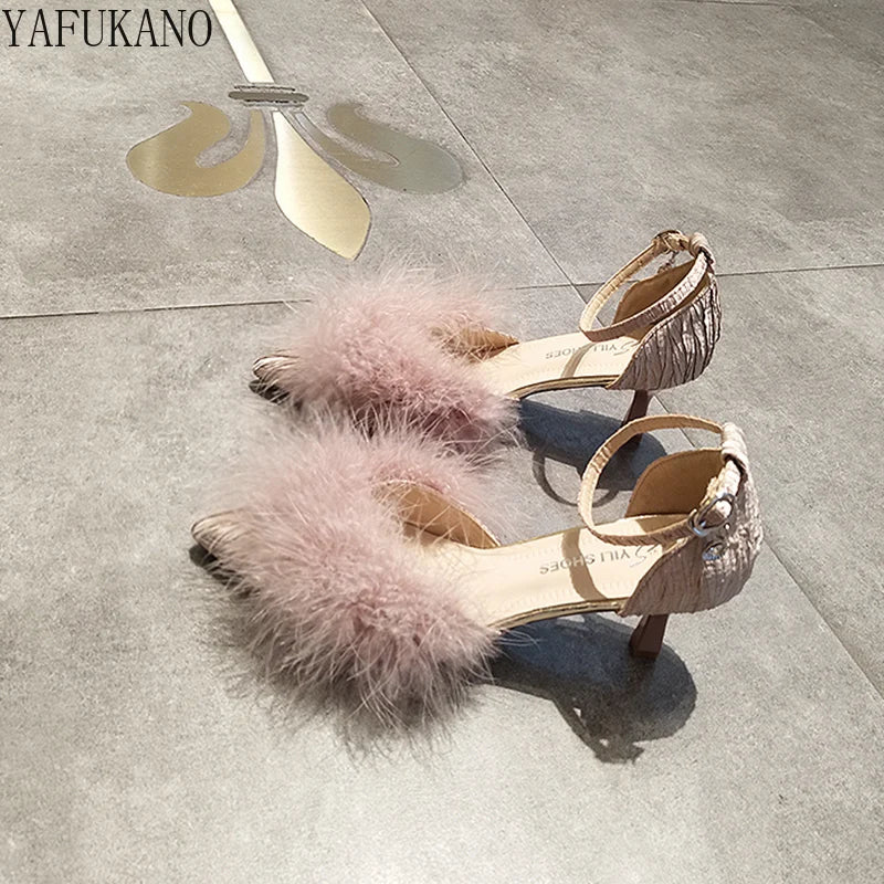 Fashion Hairy High Heels Womens Shallow Mouth Word Buckle Fairy Style Pointed Toe Stiletto Party Dress Shoes Pink Fur Pumps 6Cm - Image 4