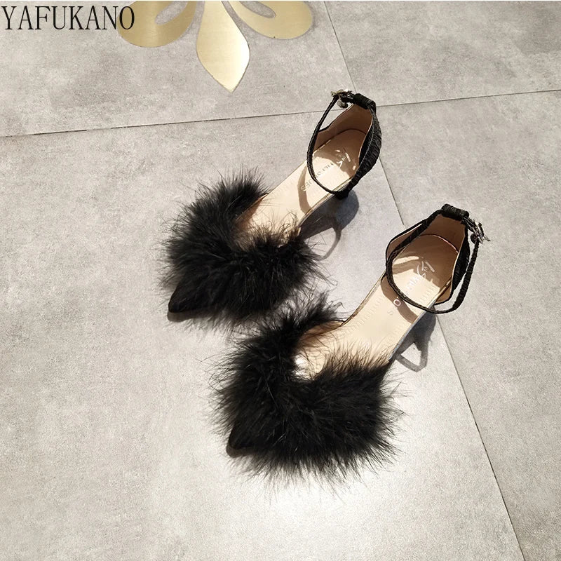 Fashion Hairy High Heels Womens Shallow Mouth Word Buckle Fairy Style Pointed Toe Stiletto Party Dress Shoes Pink Fur Pumps 6Cm - Image 8