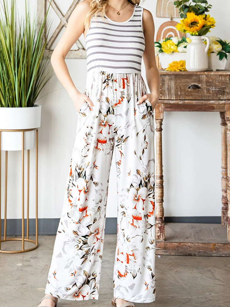 Fashion High Waist Thin Slim Striped Floral Jumpsuit - Image 2