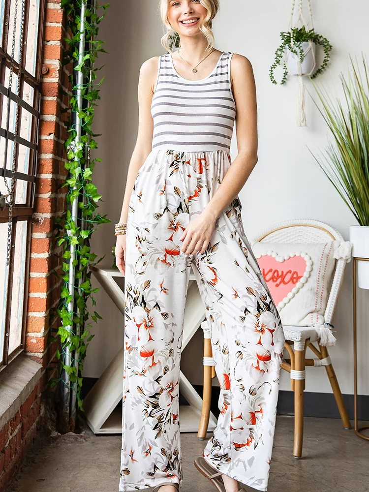 Fashion High Waist Thin Slim Striped Floral Jumpsuit - Image 6