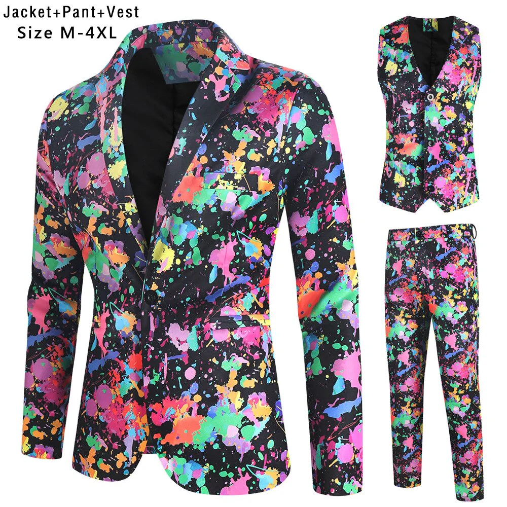 Fashion Hip Hop Printed Yellow Blazer Sets Men (Jackets + Pants + Vest ) Autumn Spring Club Prom 3 Pieces Suits Terno Masculino - Image 6
