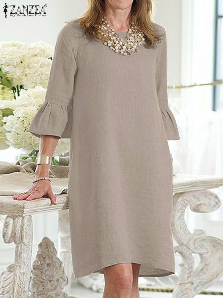 Fashion Holiday Women's Dresses 2023 Summer Elegant Ruffles O Neck Vestidos ZANZEA Causal 3/4 Sleeved Loose Sundress Ladies Robe
