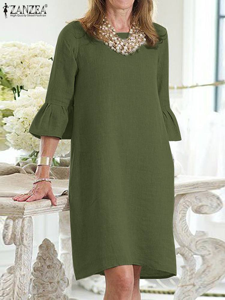 Fashion Holiday Women's Dresses 2023 Summer Elegant Ruffles O Neck Vestidos ZANZEA Causal 3/4 Sleeved Loose Sundress Ladies Robe - Image 2