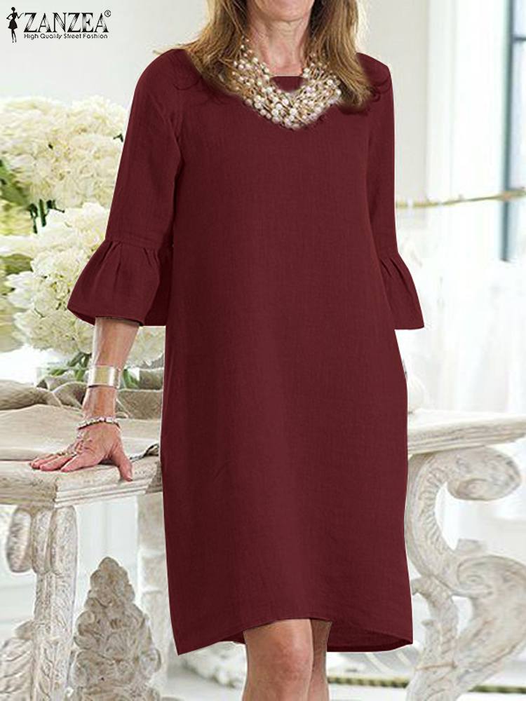 Fashion Holiday Women's Dresses 2023 Summer Elegant Ruffles O Neck Vestidos ZANZEA Causal 3/4 Sleeved Loose Sundress Ladies Robe - Image 3
