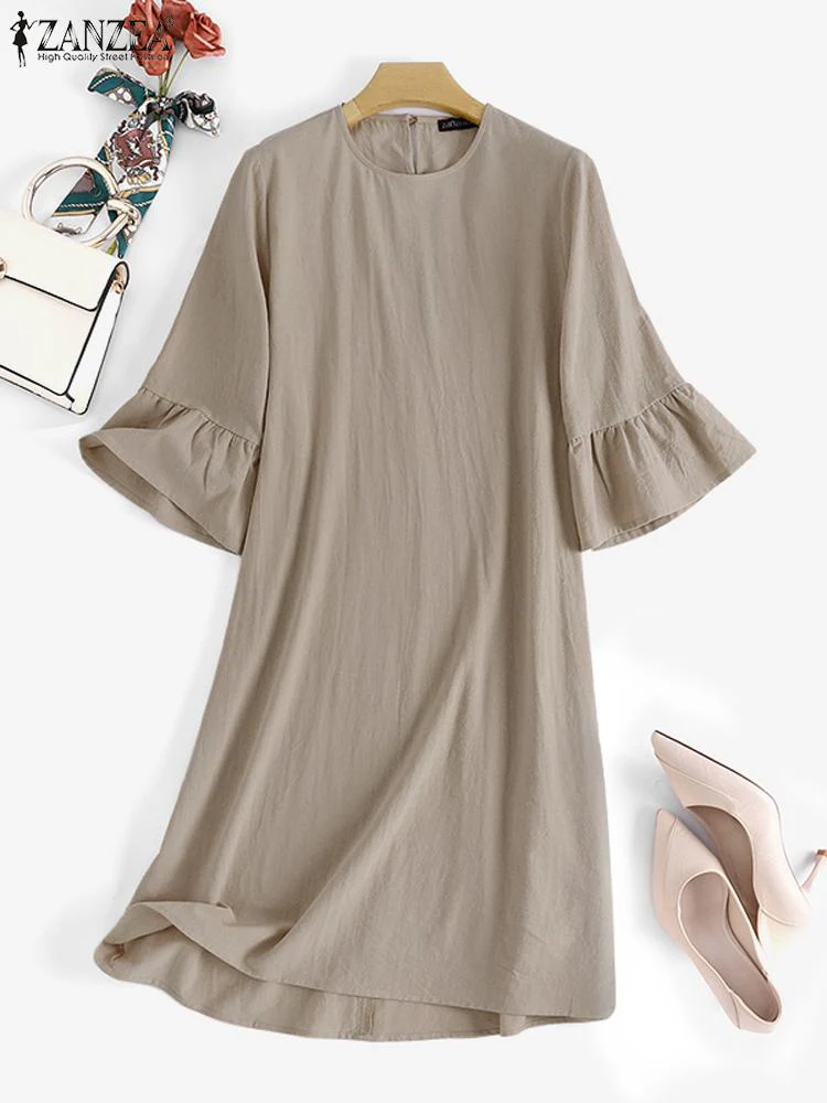 Fashion Holiday Women's Dresses 2023 Summer Elegant Ruffles O Neck Vestidos ZANZEA Causal 3/4 Sleeved Loose Sundress Ladies Robe - Image 5
