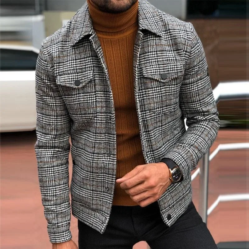 Fashion Jacket Men Spring Autumn Slim Plaid Thin Coat Men Clothing Turn-down Collar Single Breasted Casual Outerwear & Coats - Image 5
