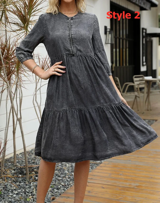 Fashion Jeans woman clothing 3/4 sleeve + cover knee dress summer fashion casual skin-friendly slim classic Denim Dress - Image 2