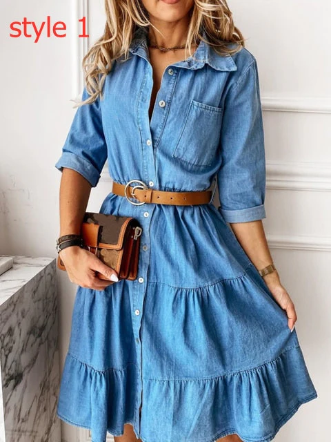 Fashion Jeans woman clothing 3/4 sleeve + cover knee dress summer fashion casual skin-friendly slim classic Denim Dress - Image 3