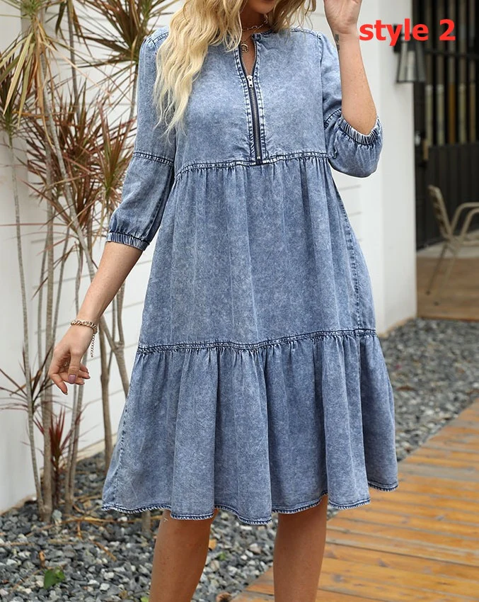 Fashion Jeans woman clothing 3/4 sleeve + cover knee dress summer fashion casual skin-friendly slim classic Denim Dress - Image 4