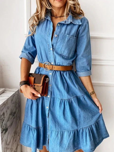 Fashion Jeans woman clothing 3/4 sleeve + cover knee dress summer fashion casual skin-friendly slim classic Denim Dress - Image 6