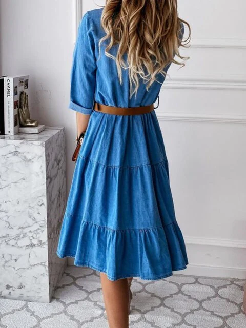 Fashion Jeans woman clothing 3/4 sleeve + cover knee dress summer fashion casual skin-friendly slim classic Denim Dress - Image 9