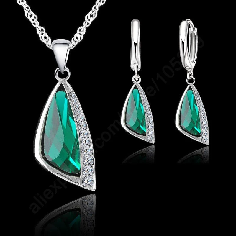 Fashion Jewelry Sets For Women Weddings Party 925 Serling Silver Green Cubic Zirconia Necklace Pendant Earrings Set