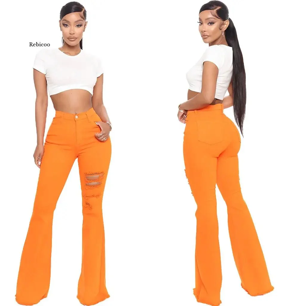 Fashion Ladies Jeans Flared Pants Super Stretch Jeans Orange Slim Pants XL Ripped Jeans Women's High Waist Rose Red Jeans - Image 6
