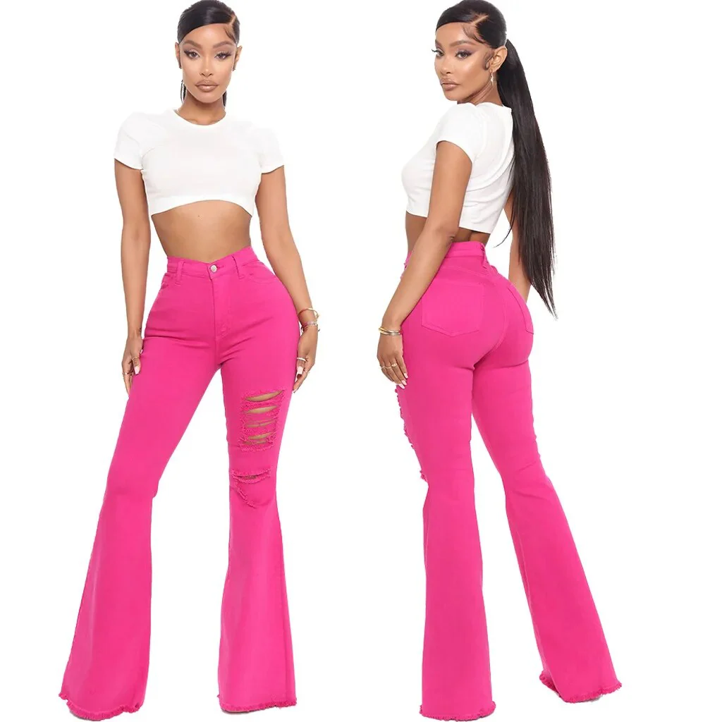 Fashion Ladies Jeans Flared Pants Super Stretch Jeans Orange Slim Pants XL Ripped Jeans Women's High Waist Rose Red Jeans - Image 8