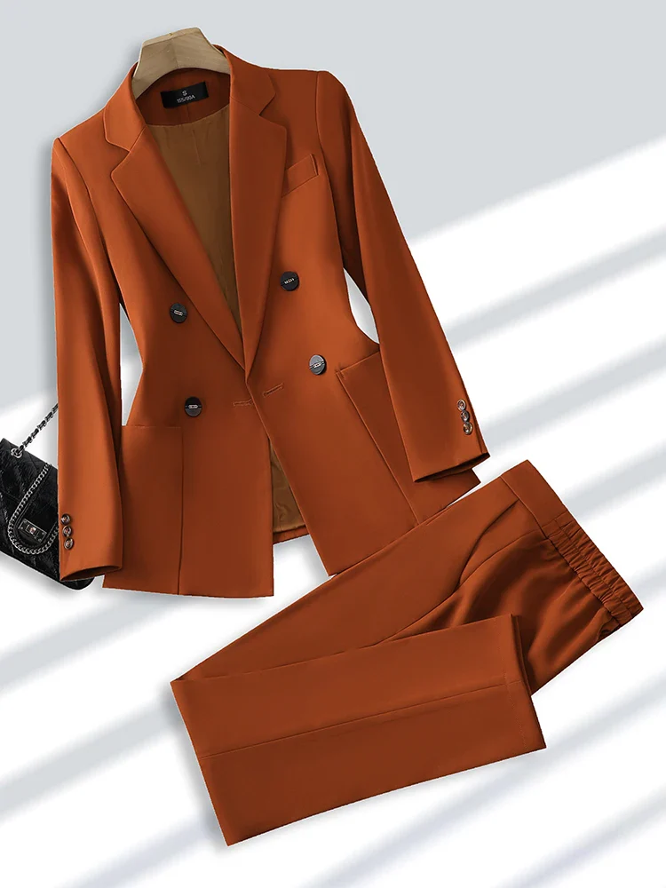 Fashion Ladies Pant Suit Formal Women Office Business Work Wear Blazer And Trouser Beige Black Khaki 2 Piece Set With Pocket - Image 2