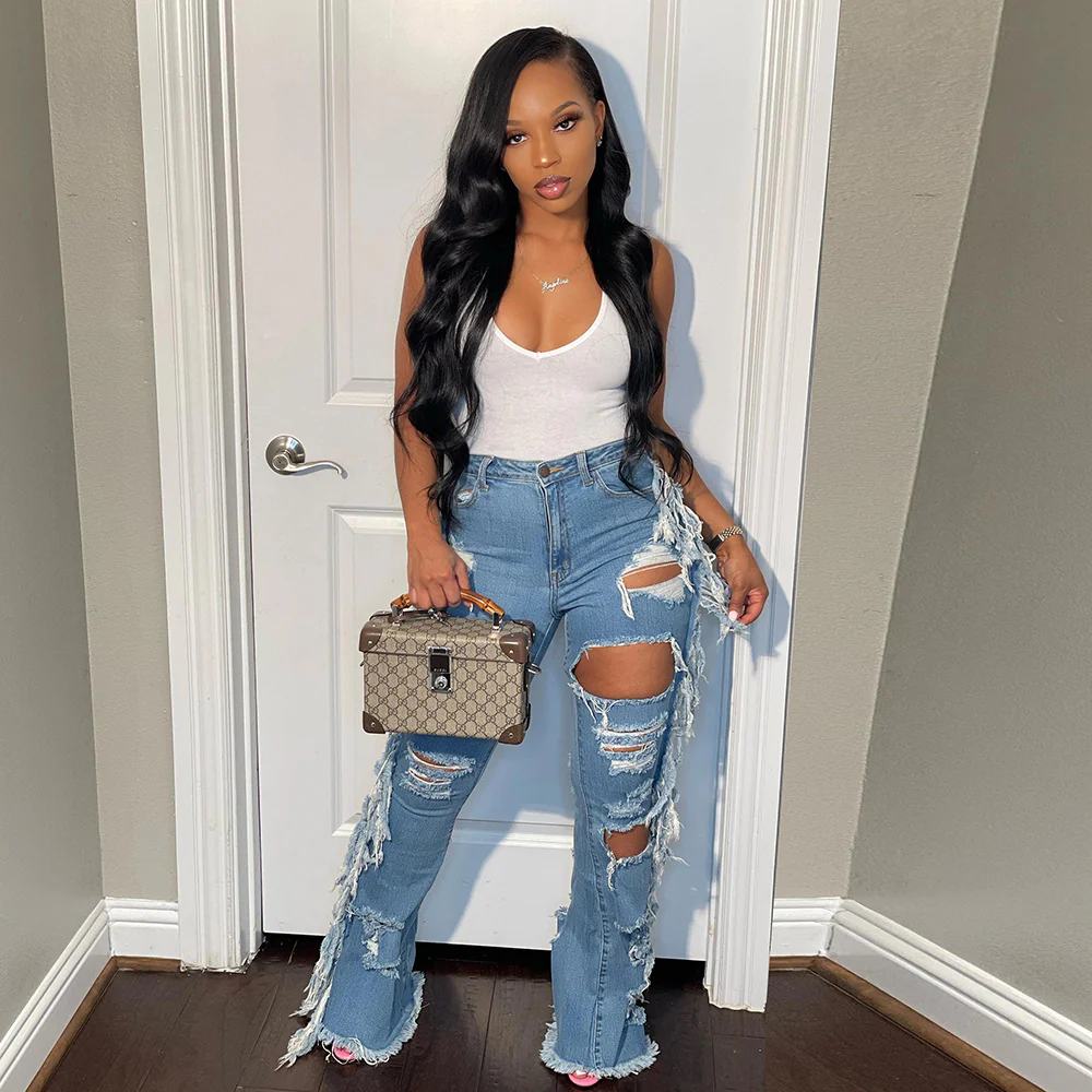 Fashion Ladies Women's jeans Pants Hole Tassel Jeans Women Hole Denim Trousers High Waisted Women Jeans - Image 2