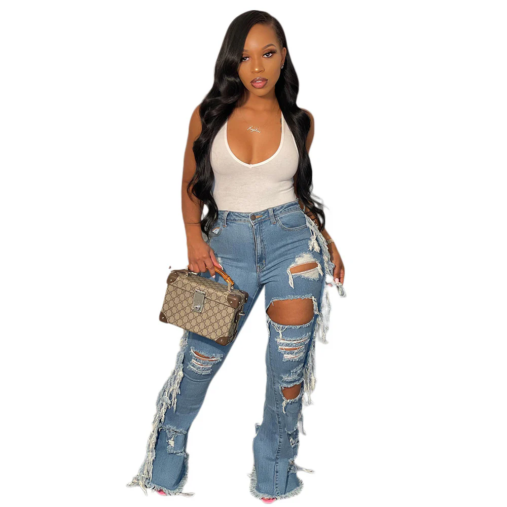 Fashion Ladies Women's jeans Pants Hole Tassel Jeans Women Hole Denim Trousers High Waisted Women Jeans - Image 4
