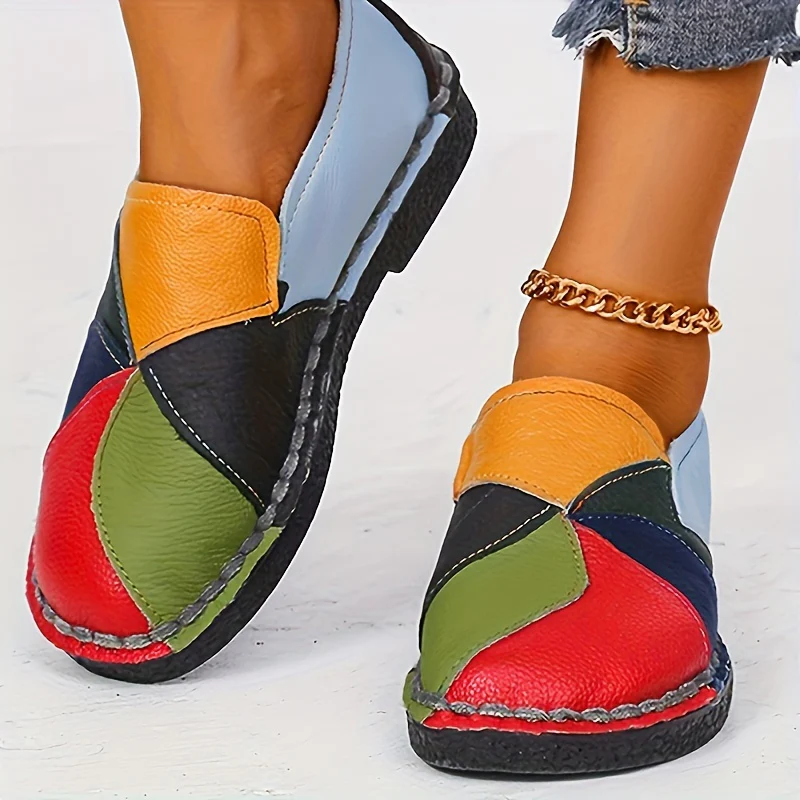 [Fashion Loafers] Soft Colorblock Women's Flat Loafers | Fashion Round Toe Slip On Faux Leather Shoes, Casual Walking Anti-skid Shoes