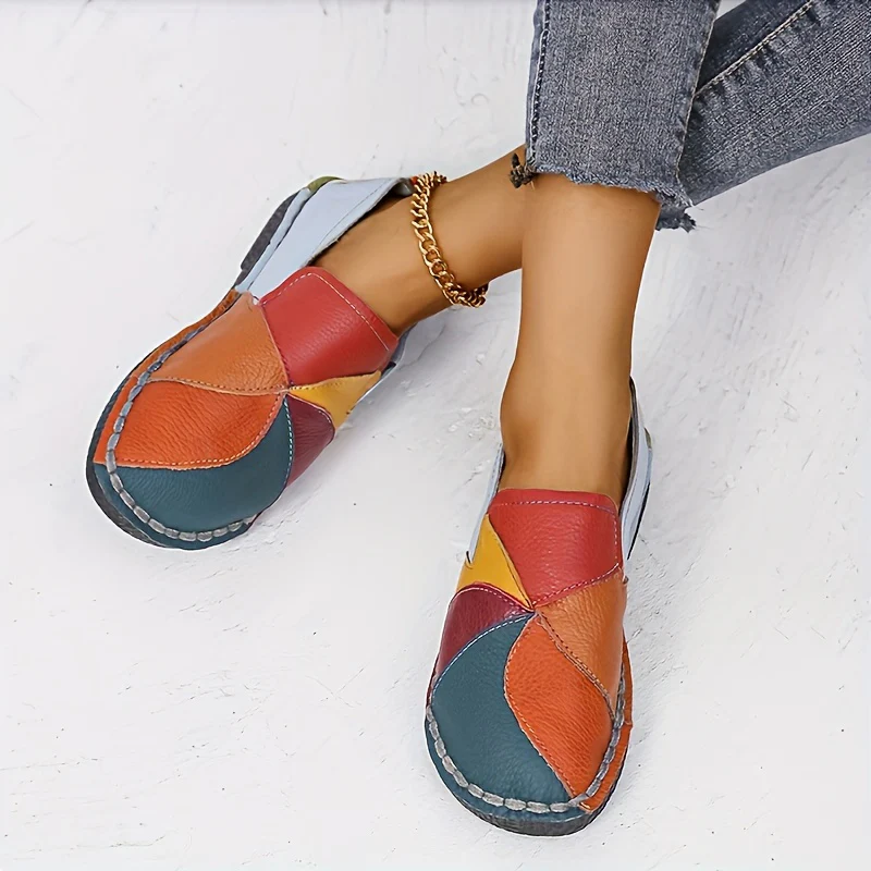 [Fashion Loafers] Soft Colorblock Women's Flat Loafers | Fashion Round Toe Slip On Faux Leather Shoes, Casual Walking Anti-skid Shoes - Image 2