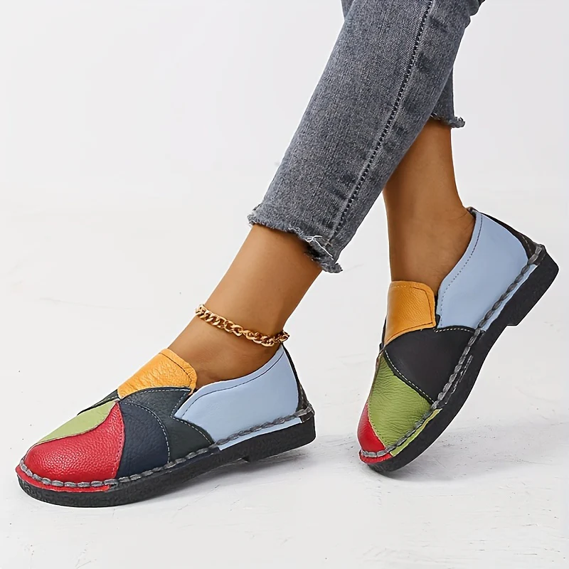 [Fashion Loafers] Soft Colorblock Women's Flat Loafers | Fashion Round Toe Slip On Faux Leather Shoes, Casual Walking Anti-skid Shoes - Image 3