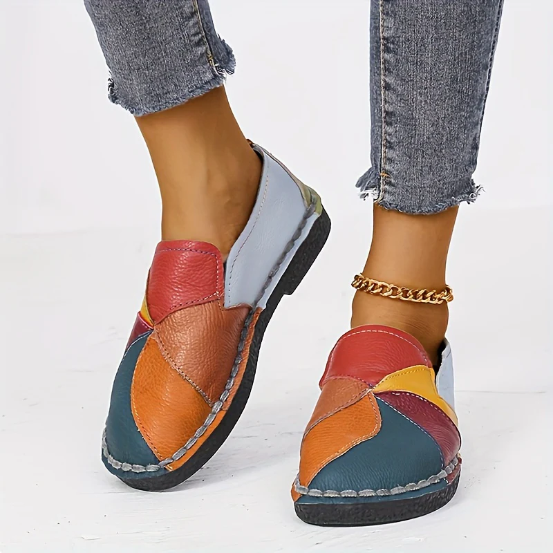 [Fashion Loafers] Soft Colorblock Women's Flat Loafers | Fashion Round Toe Slip On Faux Leather Shoes, Casual Walking Anti-skid Shoes - Image 4