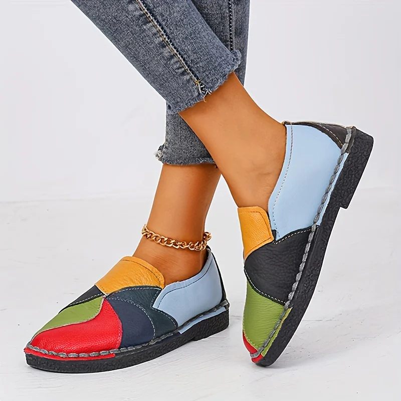 [Fashion Loafers] Soft Colorblock Women's Flat Loafers | Fashion Round Toe Slip On Faux Leather Shoes, Casual Walking Anti-skid Shoes - Image 5