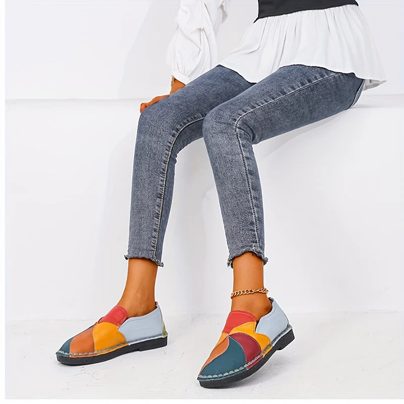 [Fashion Loafers] Soft Colorblock Women's Flat Loafers | Fashion Round Toe Slip On Faux Leather Shoes, Casual Walking Anti-skid Shoes - Image 6
