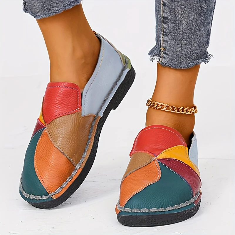[Fashion Loafers] Soft Colorblock Women's Flat Loafers | Fashion Round Toe Slip On Faux Leather Shoes, Casual Walking Anti-skid Shoes - Image 7