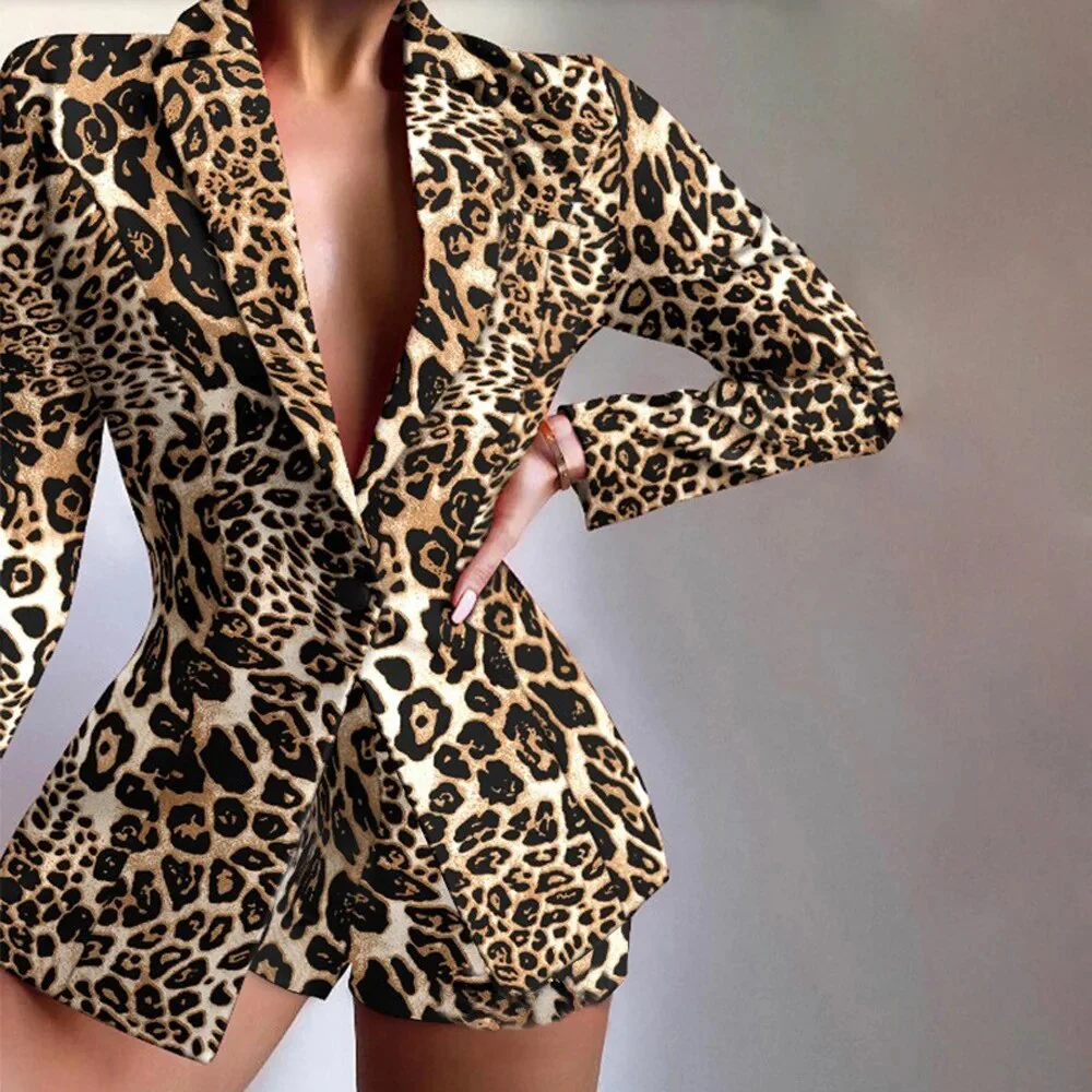 Fashion Long Sleeve Blazers And Sorts Two Piece Sets Women 2023 Autumn Outfits Sexy Elegant Leopard Blazer 2 Peice Set For Women - Image 3