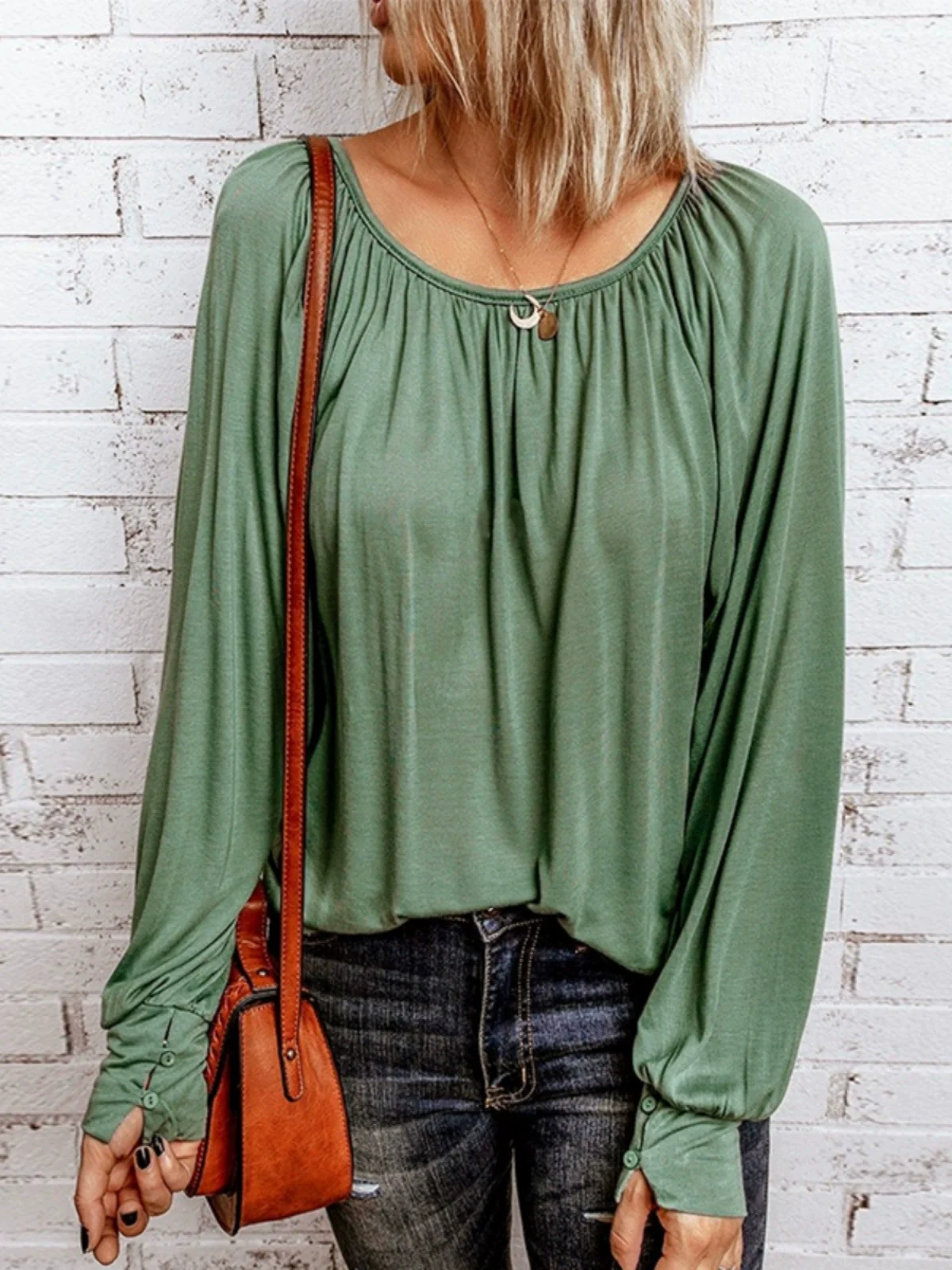 Fashion Long Sleeves T-shirt Women's Thin Green Easiest for Match 2024 New Arrival Cufflinks Easiest for Match round Neck Base Pullover Women - Image 2