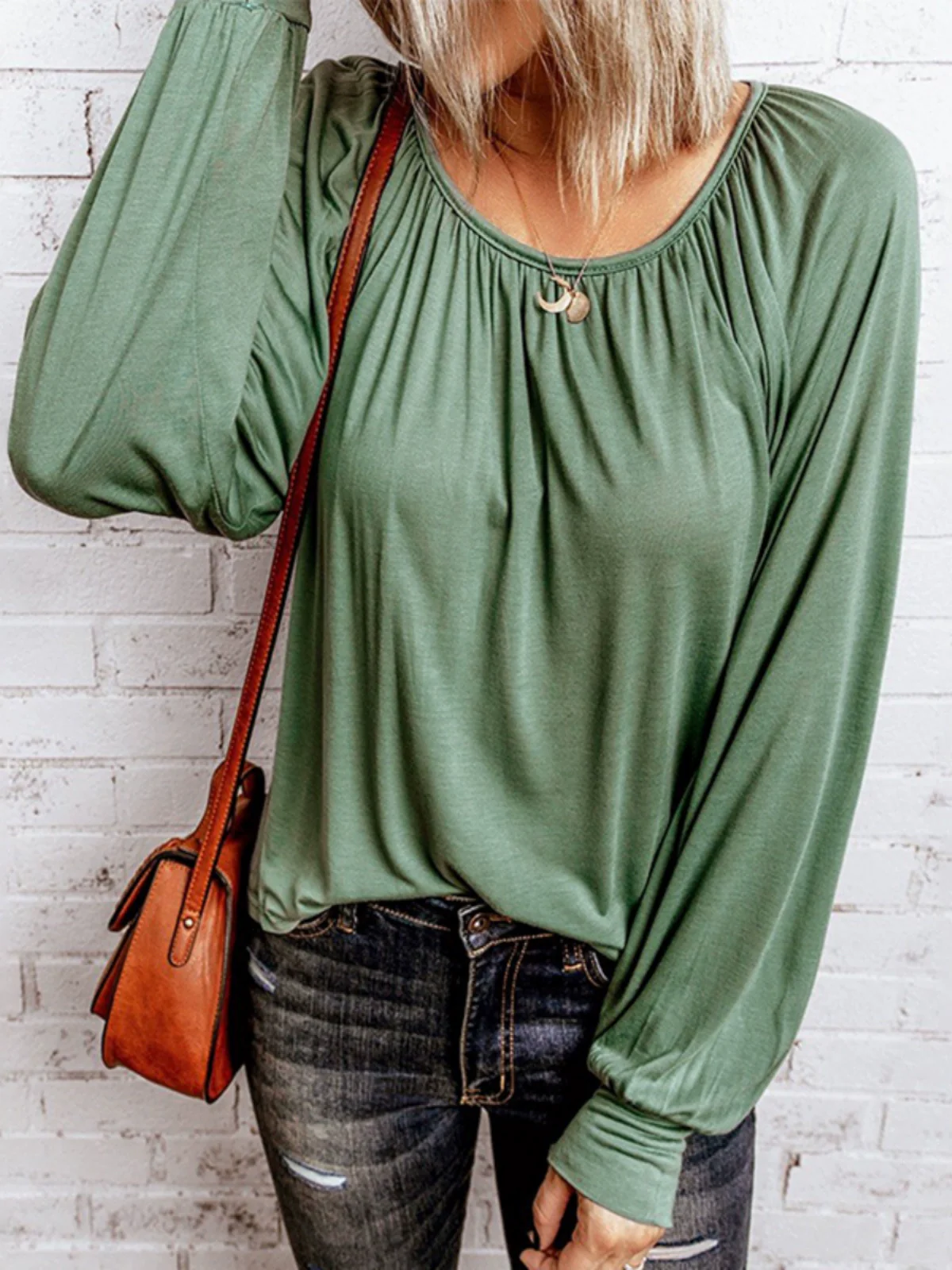 Fashion Long Sleeves T-shirt Women's Thin Green Easiest for Match 2024 New Arrival Cufflinks Easiest for Match round Neck Base Pullover Women - Image 4