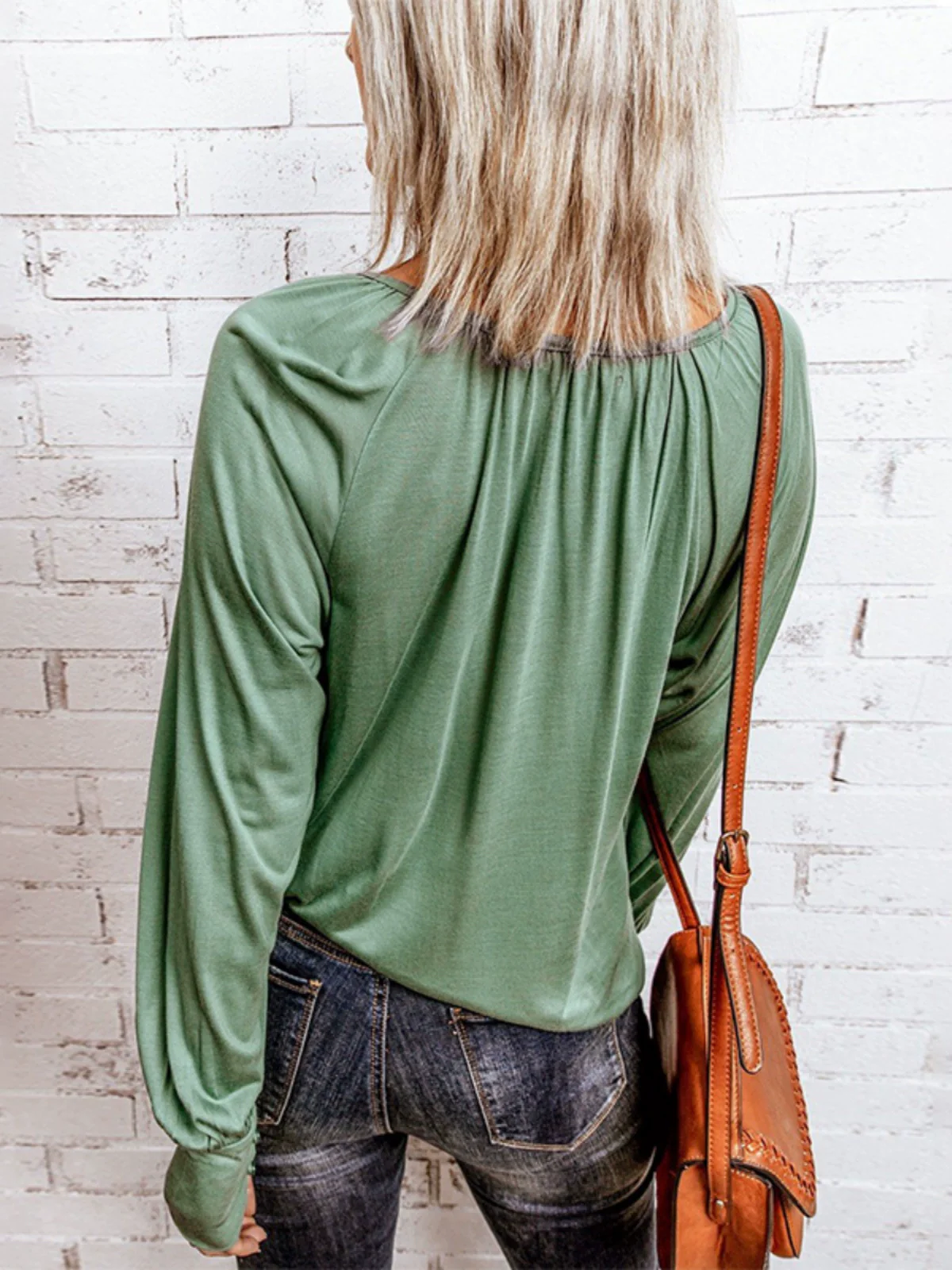 Fashion Long Sleeves T-shirt Women's Thin Green Easiest for Match 2024 New Arrival Cufflinks Easiest for Match round Neck Base Pullover Women - Image 5