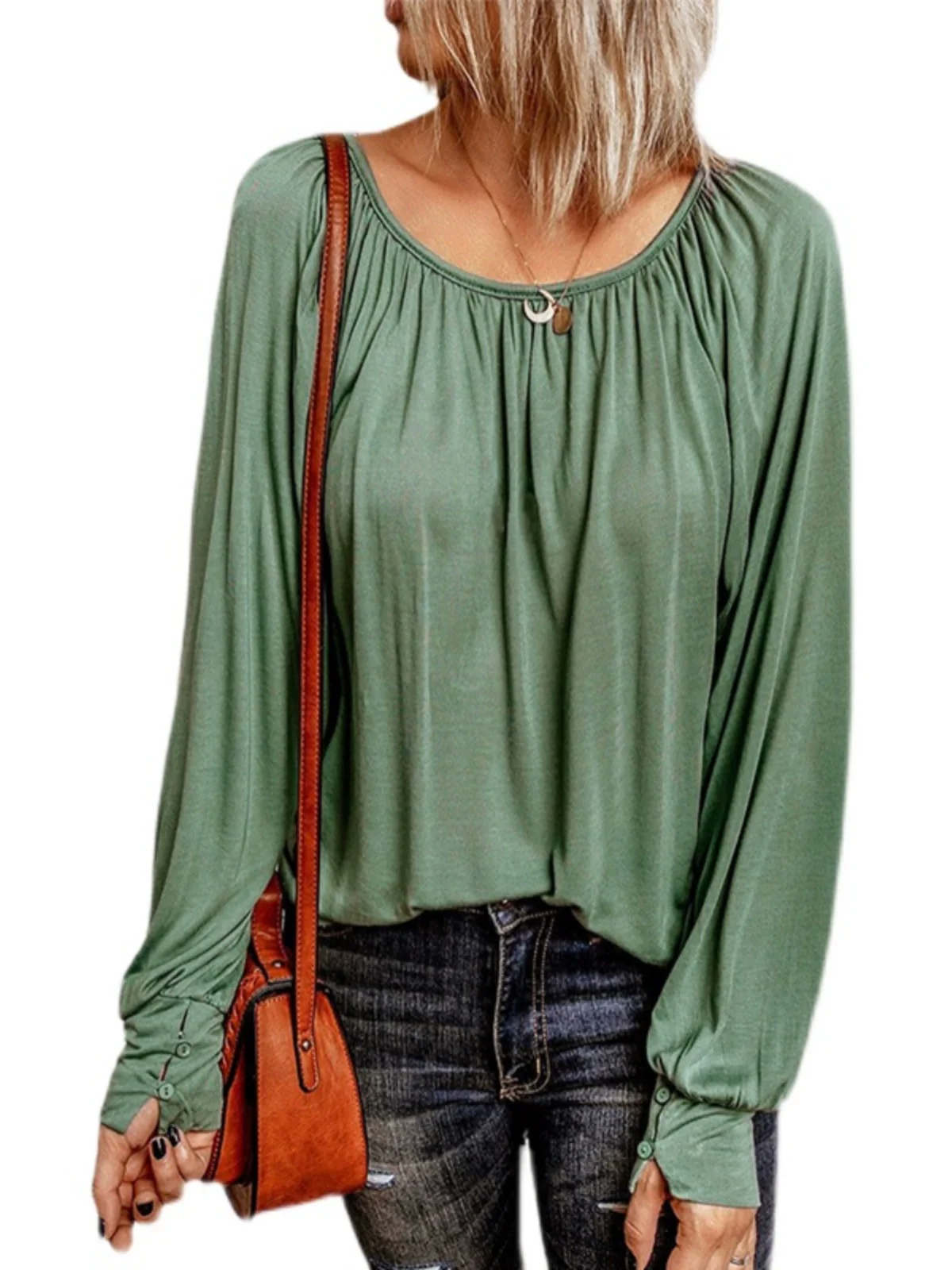 Fashion Long Sleeves T-shirt Women's Thin Green Easiest for Match 2024 New Arrival Cufflinks Easiest for Match round Neck Base Pullover Women - Image 6